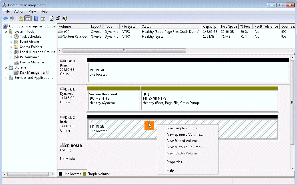 Partition Menu - Windows 7 software RAID